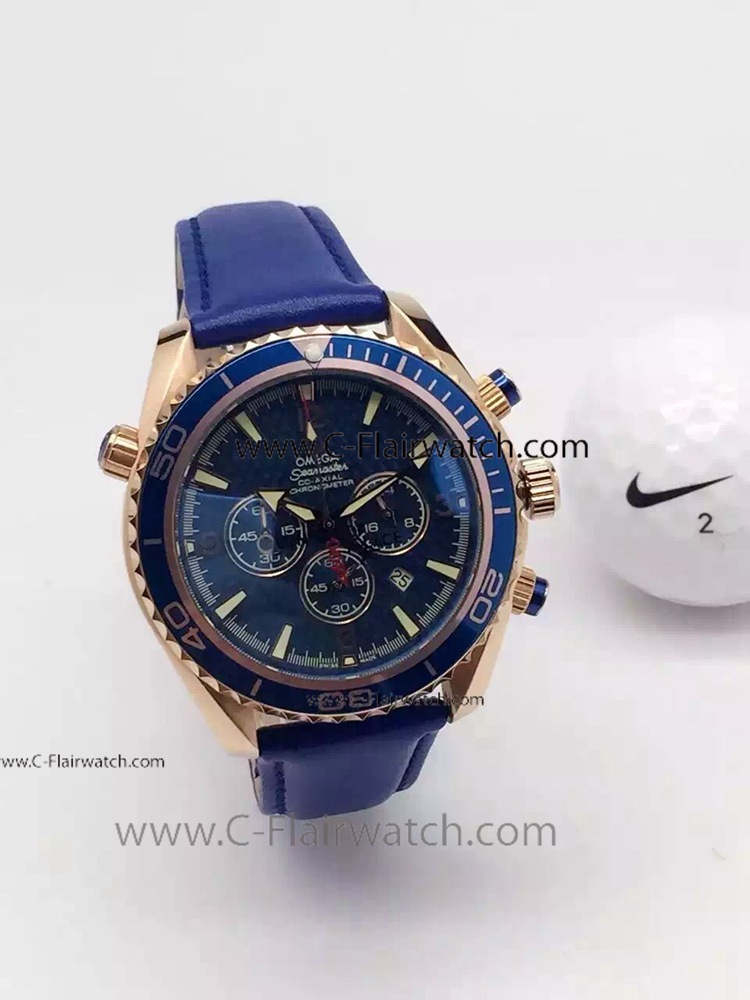 Replica Omega Seamaster Rose Gold Blue Leather Strap Watch